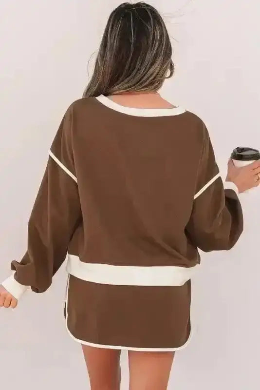 Two Piece Dresses Mocha Contrast Pullover and Skort Set