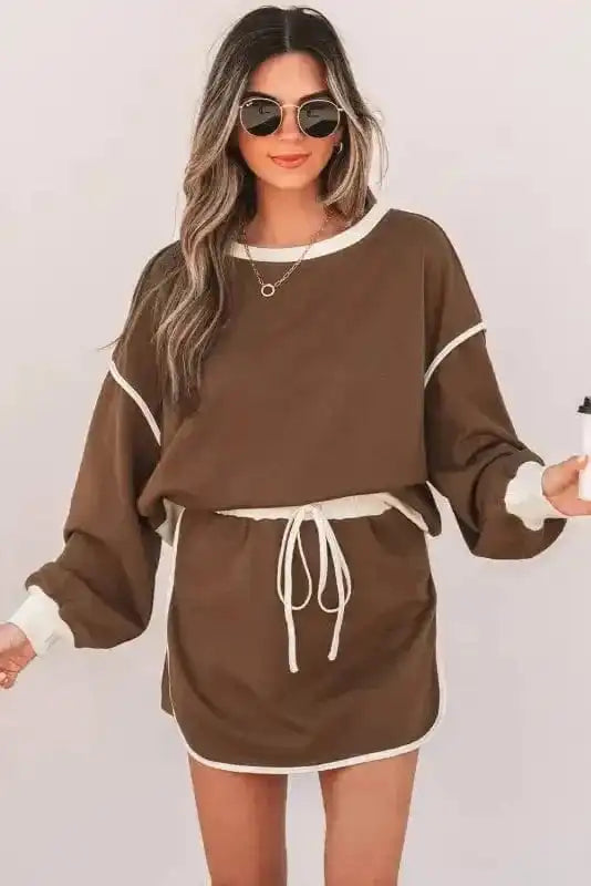 Two Piece Dresses Mocha Contrast Pullover and Skort Set