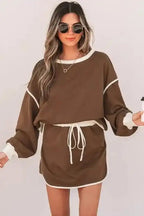 Two Piece Dresses Mocha Contrast Pullover and Skort Set