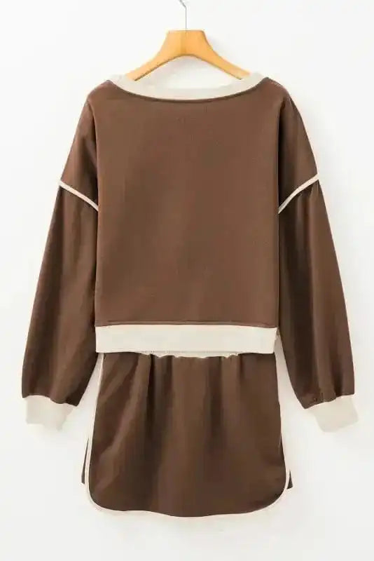 Two Piece Dresses Mocha Contrast Pullover and Skort Set
