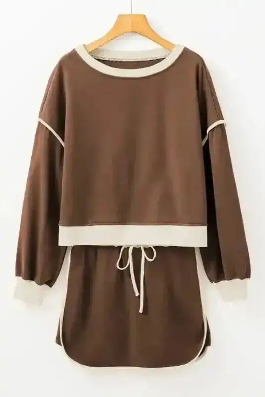 Two Piece Dresses Mocha Contrast Pullover and Skort Set