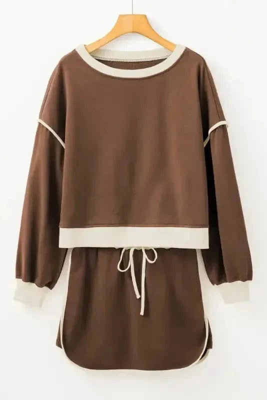 Two Piece Dresses Mocha Contrast Pullover and Skort Set