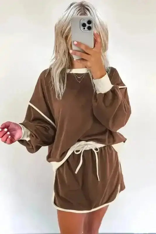 Two Piece Dresses Mocha Contrast Pullover and Skort Set
