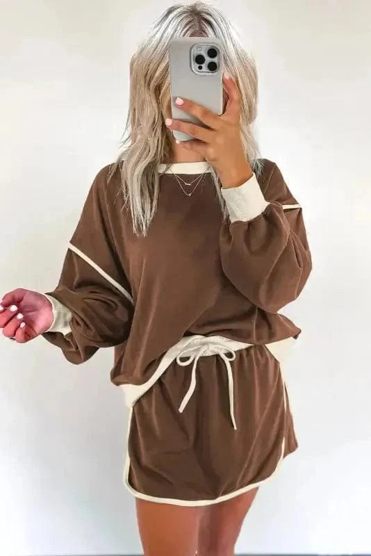 Two Piece Dresses Mocha Contrast Pullover and Skort Set