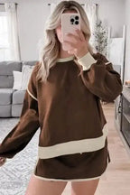 Two Piece Dresses Mocha Contrast Pullover and Skort Set