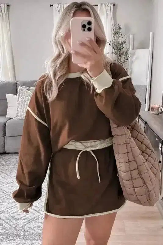 Two Piece Dresses Mocha Contrast Pullover and Skort Set