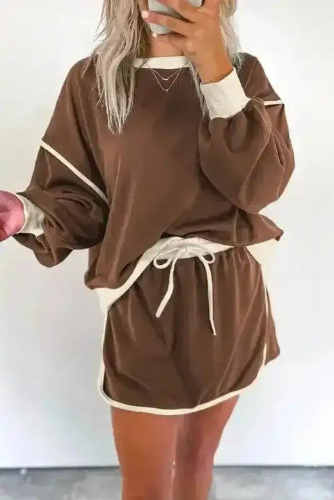 Two Piece Dresses Mocha Contrast Pullover and Skort Set