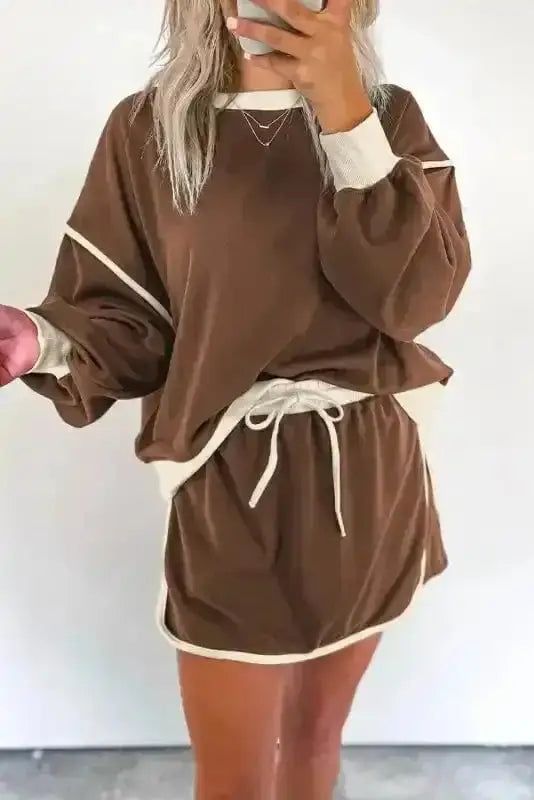 Mocha contrast pullover and skort co-ord set front view — Fashionfitz UK