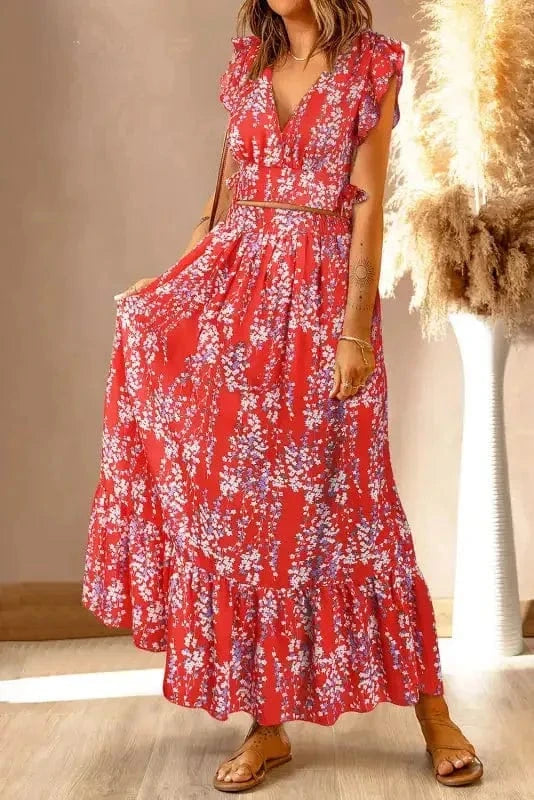 Two Piece Dresses Red / S / 100%Polyester Floral Fantasy Co-Ord - Crop Top & Maxi Skirt Set
