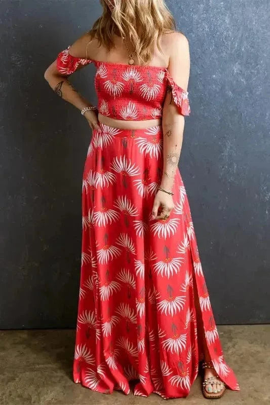 Two Piece Dresses Red / S / 100%Viscose Rosette Ruffle Co-ord Set