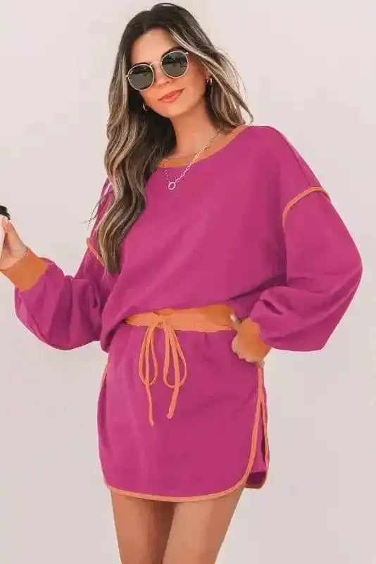 Two Piece Dresses Rosy Contrast Pullover and Skort Set