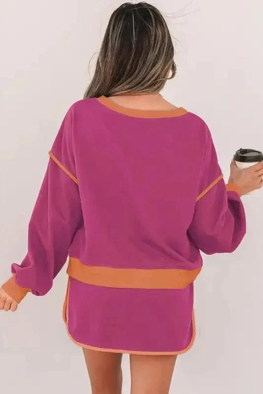 Two Piece Dresses Rosy Contrast Pullover and Skort Set