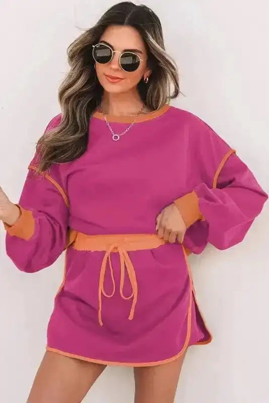Two Piece Dresses Rosy Contrast Pullover and Skort Set