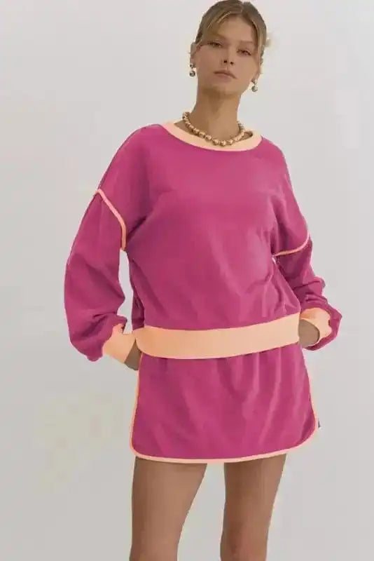 Two Piece Dresses Rosy Contrast Pullover and Skort Set