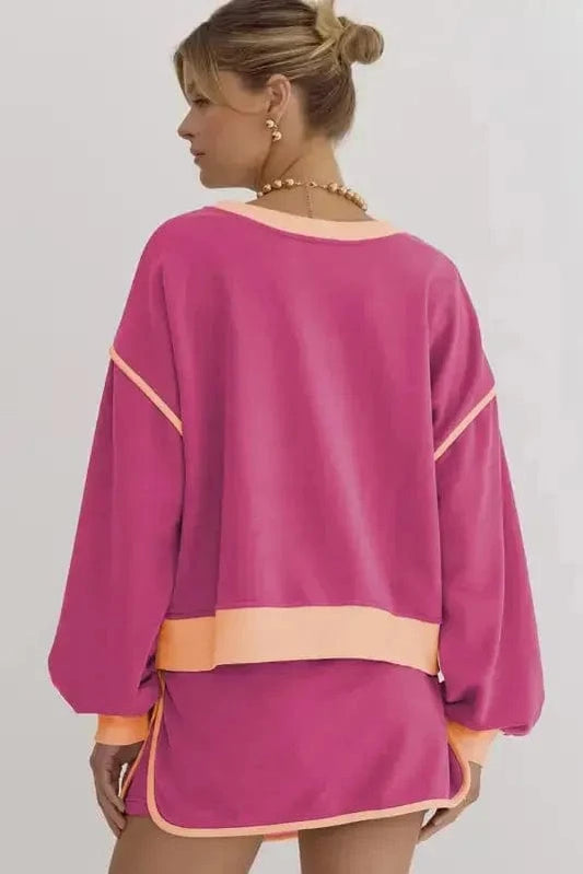 Two Piece Dresses Rosy Contrast Pullover and Skort Set