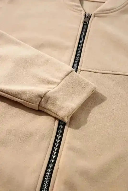 Two Piece Pant Sets Apricot Ensemble - Zip Jacket & Drawstring Pants