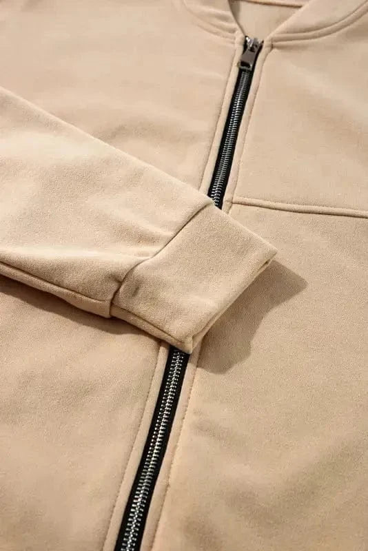 Two Piece Pant Sets Apricot Ensemble - Zip Jacket & Drawstring Pants