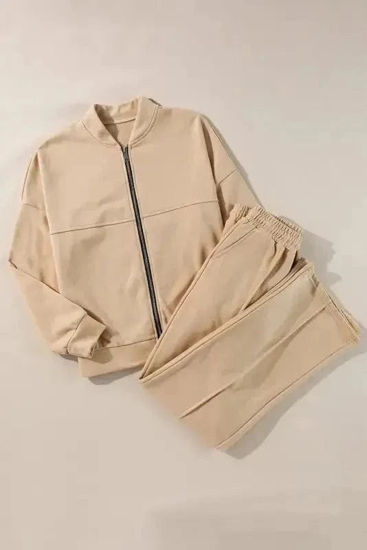 Two Piece Pant Sets Apricot Ensemble - Zip Jacket & Drawstring Pants