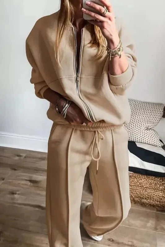Two Piece Pant Sets Apricot Ensemble - Zip Jacket & Drawstring Pants