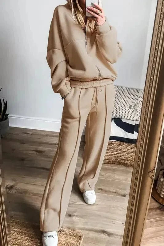 Two Piece Pant Sets Apricot / S / 50%Polyester+50%Cotton Apricot Ensemble - Zip Jacket & Drawstring Pants