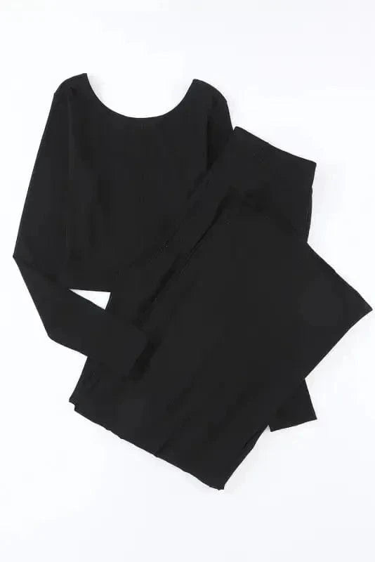 Two Piece Pant Sets Black Ribbed Crop Top Long Pants Set