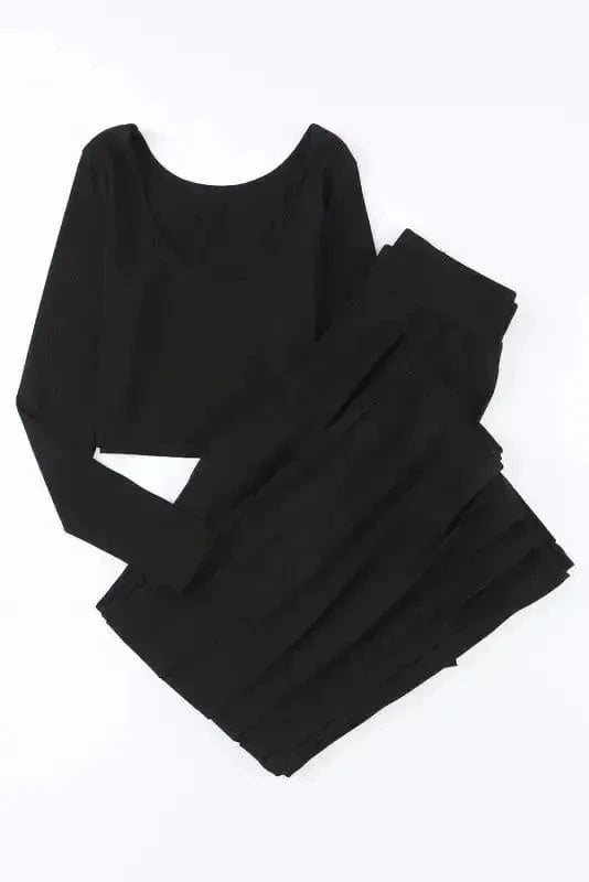 Two Piece Pant Sets Black Ribbed Crop Top Long Pants Set