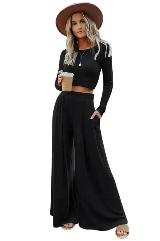 Two Piece Pant Sets Black Ribbed Crop Top Long Pants Set