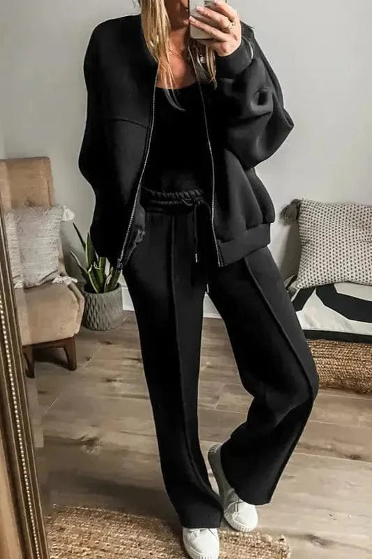 Two Piece Pant Sets Black / S / 50%Polyester+50%Cotton Urban Noir Zip & Drawstring Lounge Set