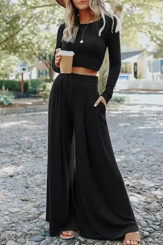 Two Piece Pant Sets Black / S / 65%Polyester+25%Viscose+10%Elastane Black Ribbed Crop Top Long Pants Set
