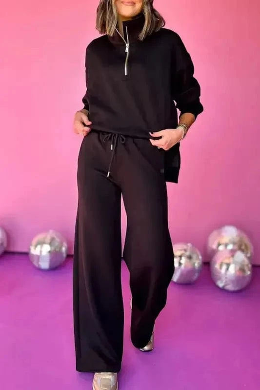 Two Piece Pant Sets Black / S / 65%Polyester+35%Cotton Sleek Noir Zipper Ensemble