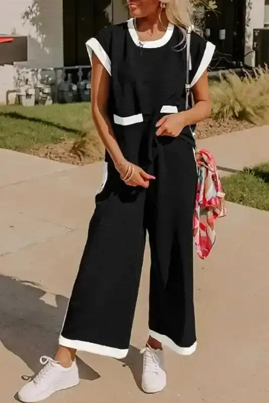 Black urban cool T-shirt and wide leg pants set front view — Fashionfitz UK