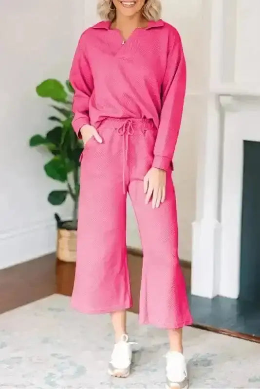 Bonbon chic textured two-piece co-ord set front view — Fashionfitz UK