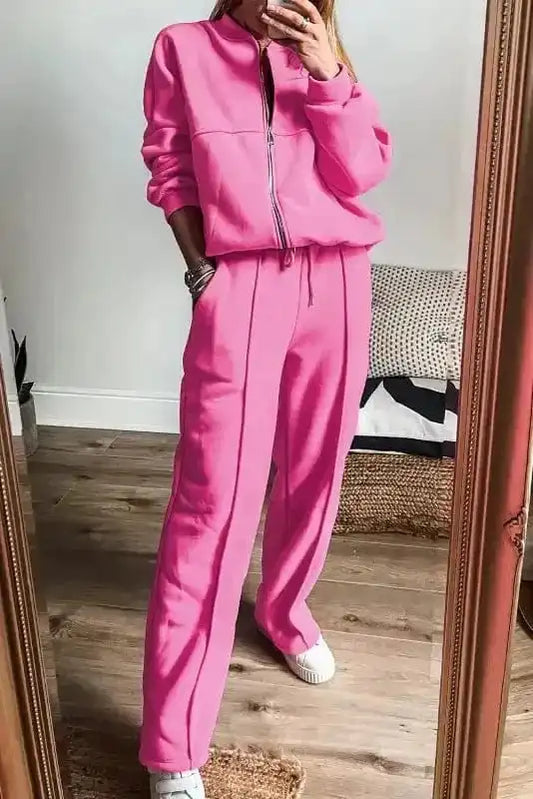 Two Piece Pant Sets Bright Pink / S / 50%Polyester+50%Cotton Vivid Pink Zip & Tie Tracksuit Set