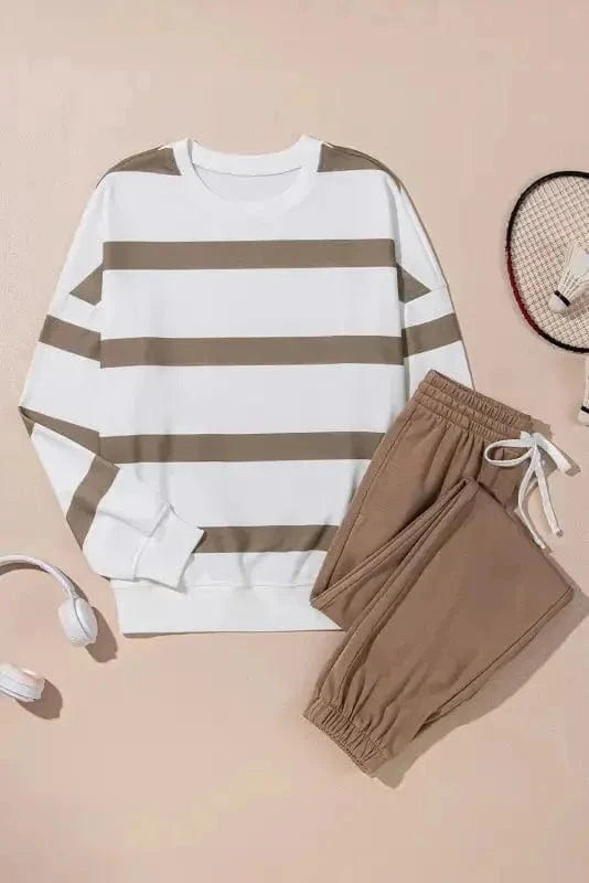 Two Piece Pant Sets Chic Stripes Beige Loungewear Set