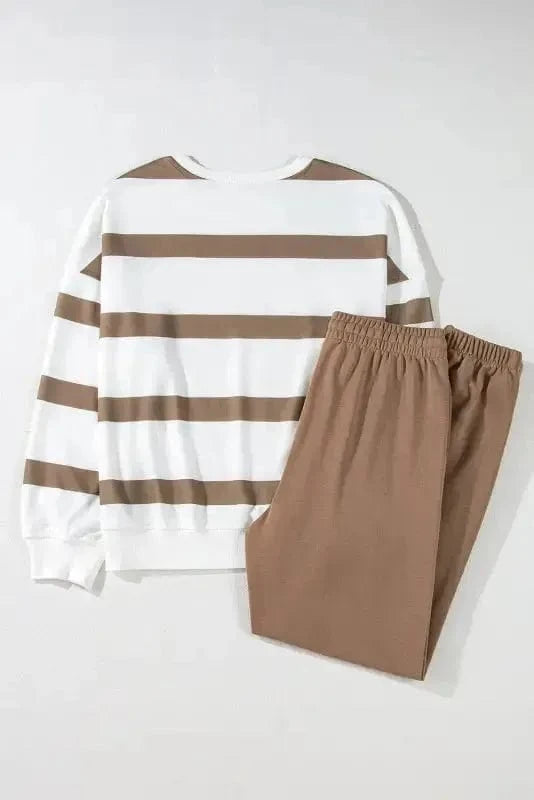 Two Piece Pant Sets Chic Stripes Beige Loungewear Set