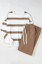 Two Piece Pant Sets Chic Stripes Beige Loungewear Set