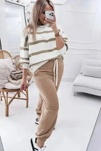 Two Piece Pant Sets Chic Stripes Beige Loungewear Set