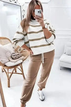 Two Piece Pant Sets Chic Stripes Beige Loungewear Set