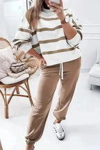 Two Piece Pant Sets Chic Stripes Beige Loungewear Set