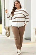 Two Piece Pant Sets Chic Stripes Beige Loungewear Set