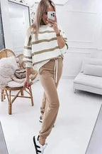 Two Piece Pant Sets Chic Stripes Beige Loungewear Set