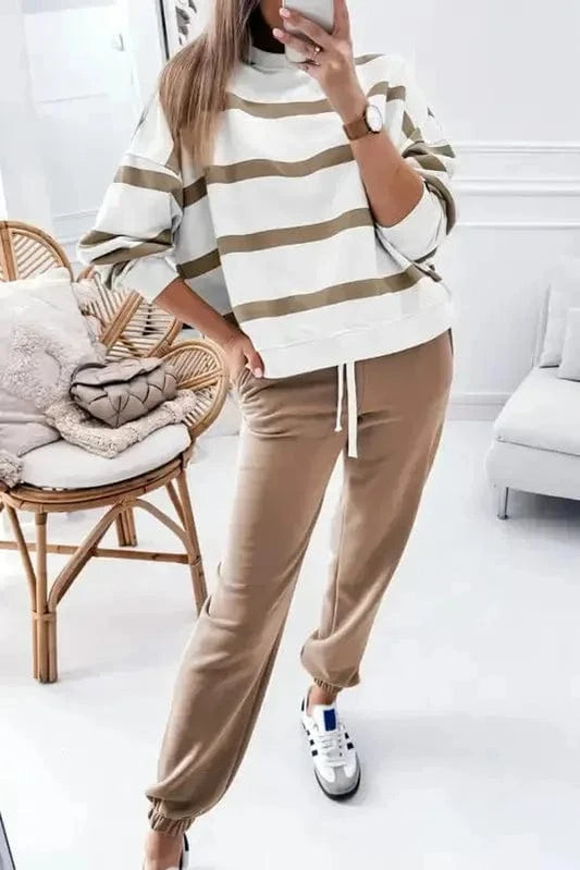 Two Piece Pant Sets Light French Beige / S / 100%Polyester Chic Stripes Beige Loungewear Set