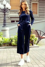 Two Piece Pant Sets Navy Blue / S / 95%Polyester+5%Elastane Velvet Vogue Navy Ruffle Set