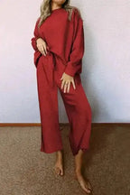 Two Piece Pant Sets Red Dahlia / S / 95%Polyester+5%Elastane Casual Comfort: Ultra Loose 2-Piece Textured Ensemble