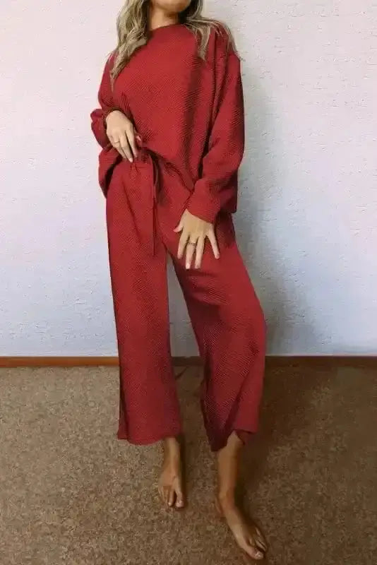 Red dahlia ultra loose textured two-piece co-ord set front view — Fashionfitz UK
