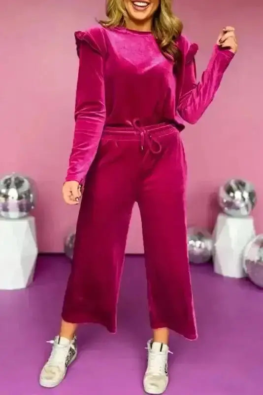 Rose red velvet ruffle chic two-piece co-ord set front view — Fashionfitz UK