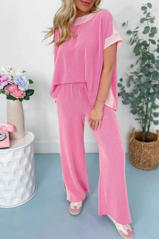 Two Piece Pant Sets Sachet Pink / S / 75%Polyester+20%Viscose+5%Elastane Casual Luxe Corded Co-ord