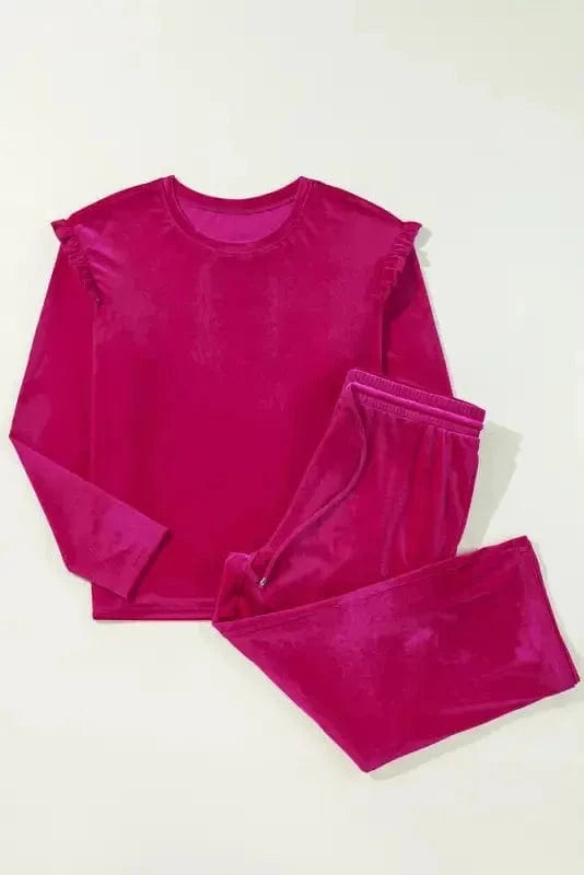 Two Piece Pant Sets Velvet Rose Ruffle - Chic Red Two-Piece Set
