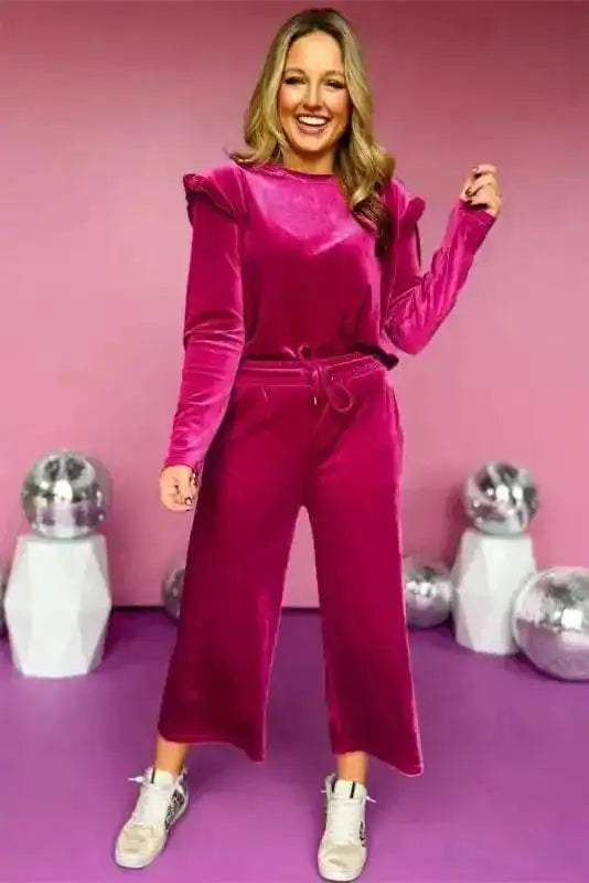 Two Piece Pant Sets Velvet Rose Ruffle - Chic Red Two-Piece Set