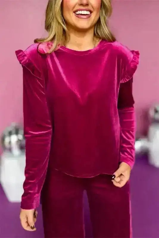 Two Piece Pant Sets Velvet Rose Ruffle - Chic Red Two-Piece Set